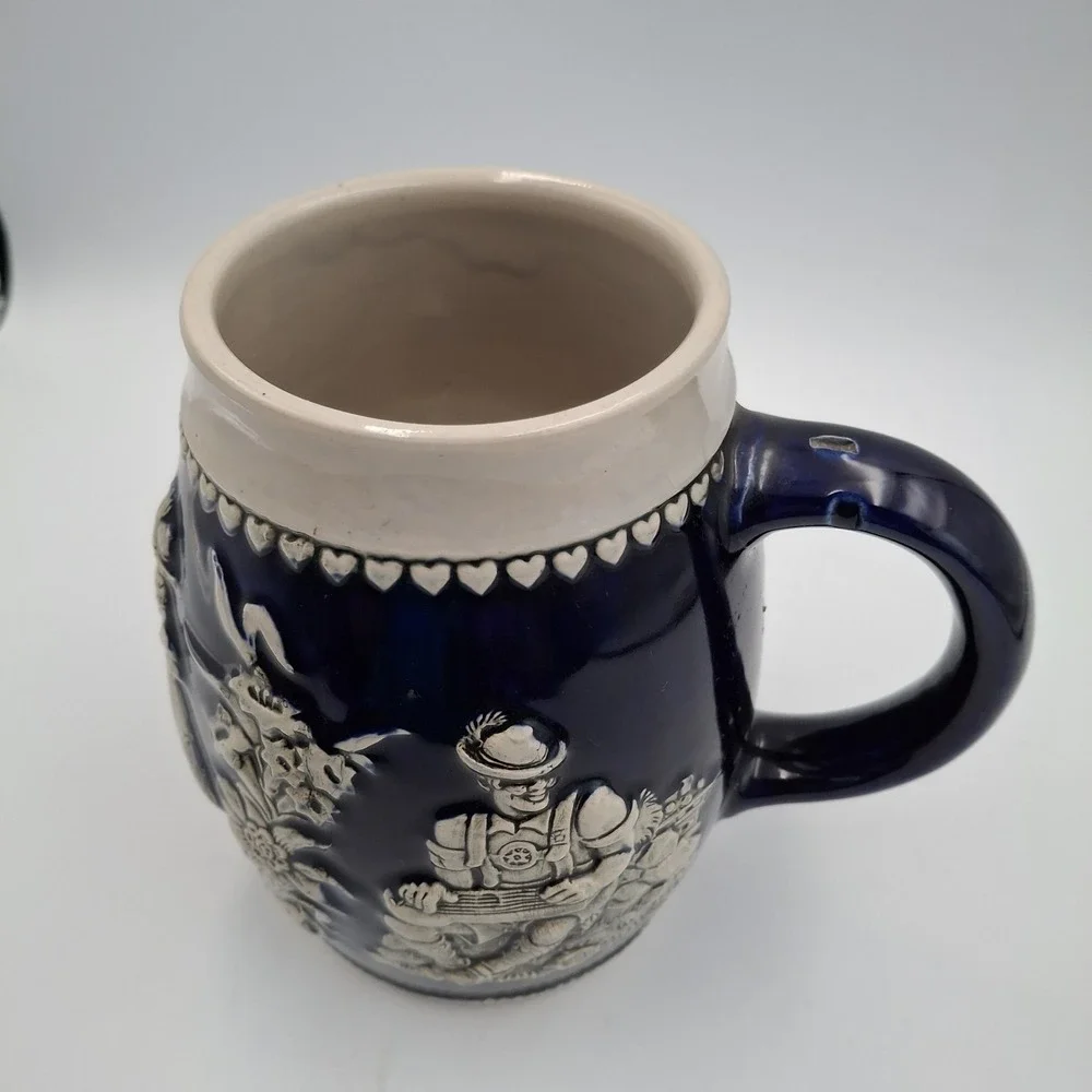 Vintage Western Germany Beer Stein Mug Blue Glaze 3613 Accordion Dancer Edelweis